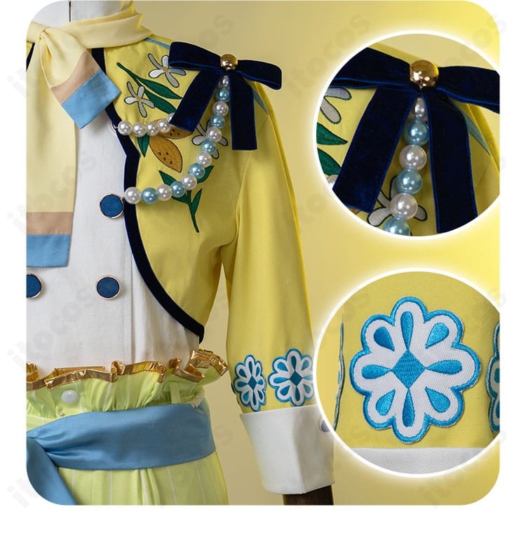 肩章（エポレット）と袖の装飾縫製をクローズアップ。動いても崩れにくい仕立て