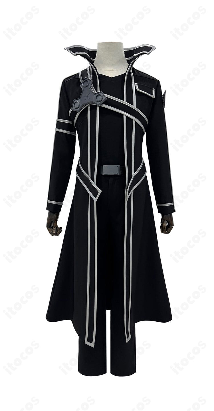 キリト コスプレ衣装の正面全身図。ロングコートのラインと胸飾り・ベルト配置が分かる高再現ディテール。