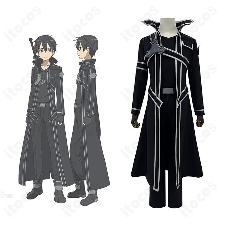 ソードアート・オンラインの桐ヶ谷和人（キリト）コスプレ衣装一式を着用した全身イメージ。黒のロングコートと装飾が映えるイベント向けスタイル。