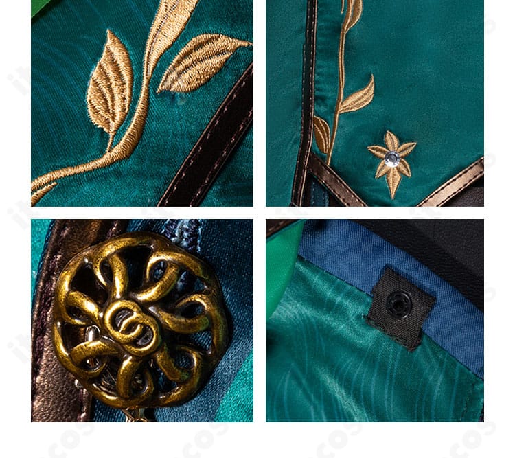 コスプレ衣装の襟周り装飾ディテール。刺繍糸の光沢と装飾パーツの配置が確認できます。