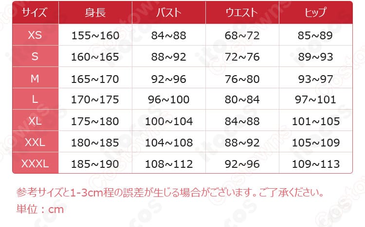 サイズガイド：XS〜XXLまでの寸法表と採寸ポイントを示した図