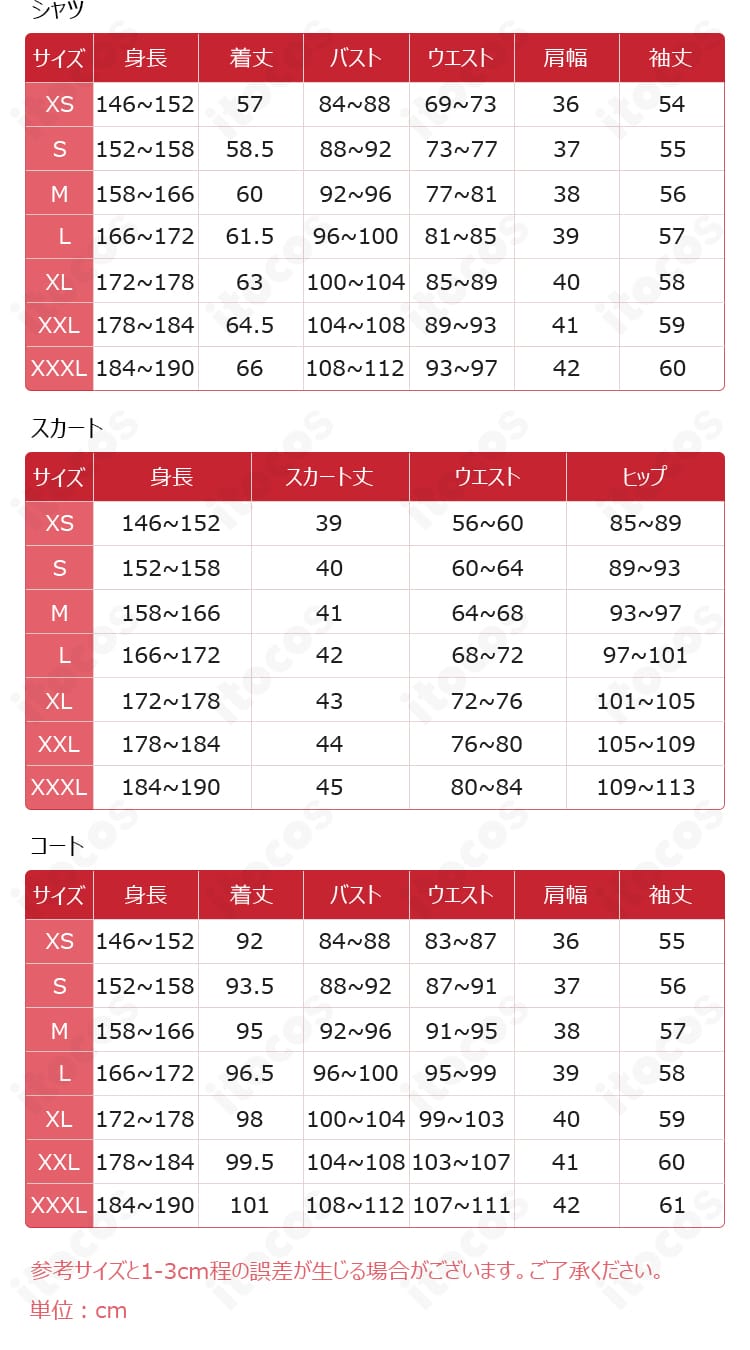ネリッサ・レイヴンクロフト新衣装のサイズガイド。S〜XXLの寸法目安と選び方の参考情報。