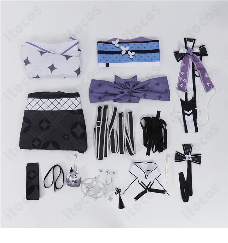 セット内容の一覧画像。着物トップス、帯風飾り、背面リボン、パンツが揃うことを示す。