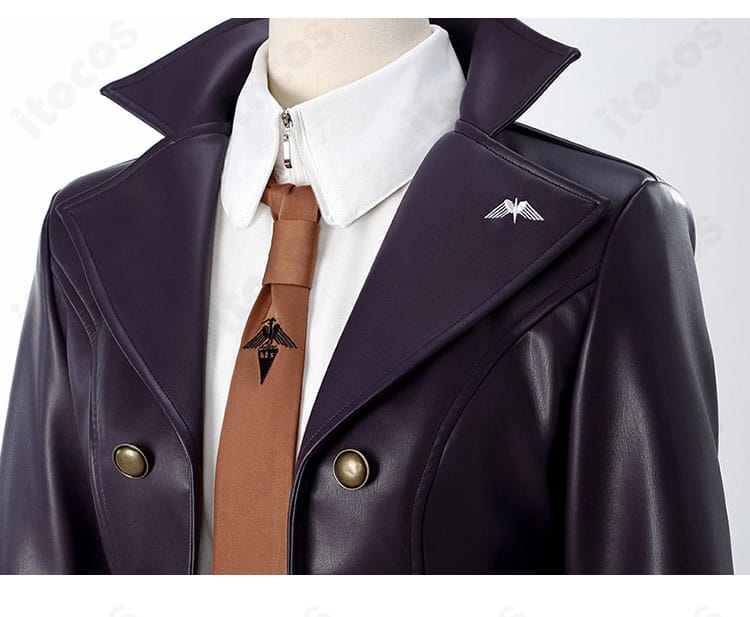 襟とネクタイのクローズアップ。結び目の形状、刺繍調の装飾、ステッチワークまで見える精密ディテール。