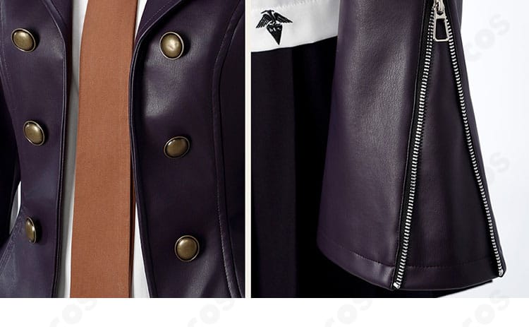 門襟と袖口のアップ。縁取りのミシン目、カフスのデザイン、素材のマットな質感を示すディテール写真。