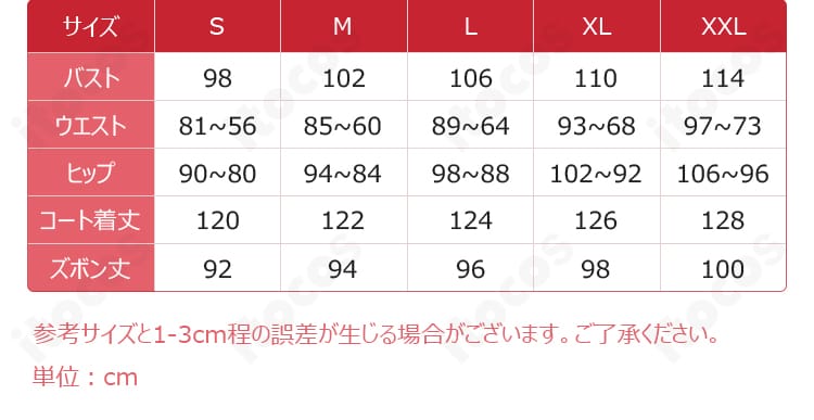 『あんさんぶるスターズ！！』瞬祭礼衣装のサイズ表。各サイズの寸法対応を示す画像