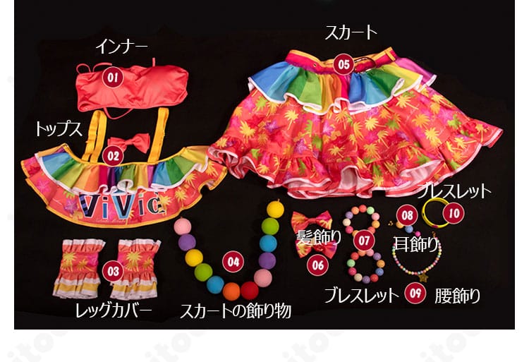 夏樹みくる コスプレ衣装のセット内容一式。インナー、トップス、スカート、レッグカバー、髪飾り、耳飾り、ブレスレット、腰飾り、スカート飾りの展示。