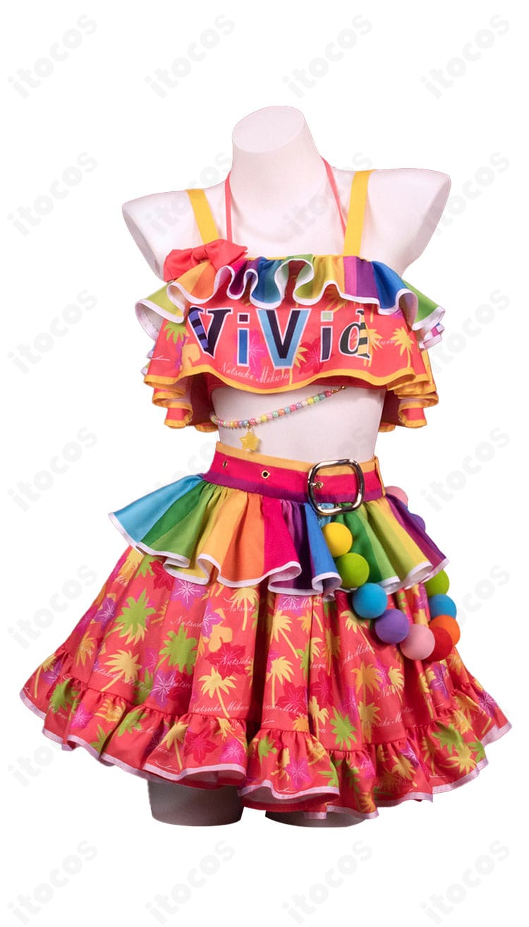 アイカツオンパレード！夏樹みくる コスプレ衣装の正面ビュー。トップスとスカート、装飾の配置がわかるディテール。