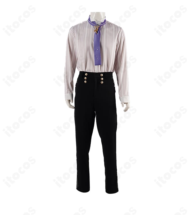 シャツ前面のディテール。襟元から胸元までの縫製とネクタイ周りの納まりを確認可能。