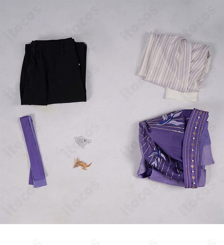 セット内容一覧。コート、シャツ、ズボン、ネクタイ、襟飾り、ネックレスが並ぶ確認用画像。