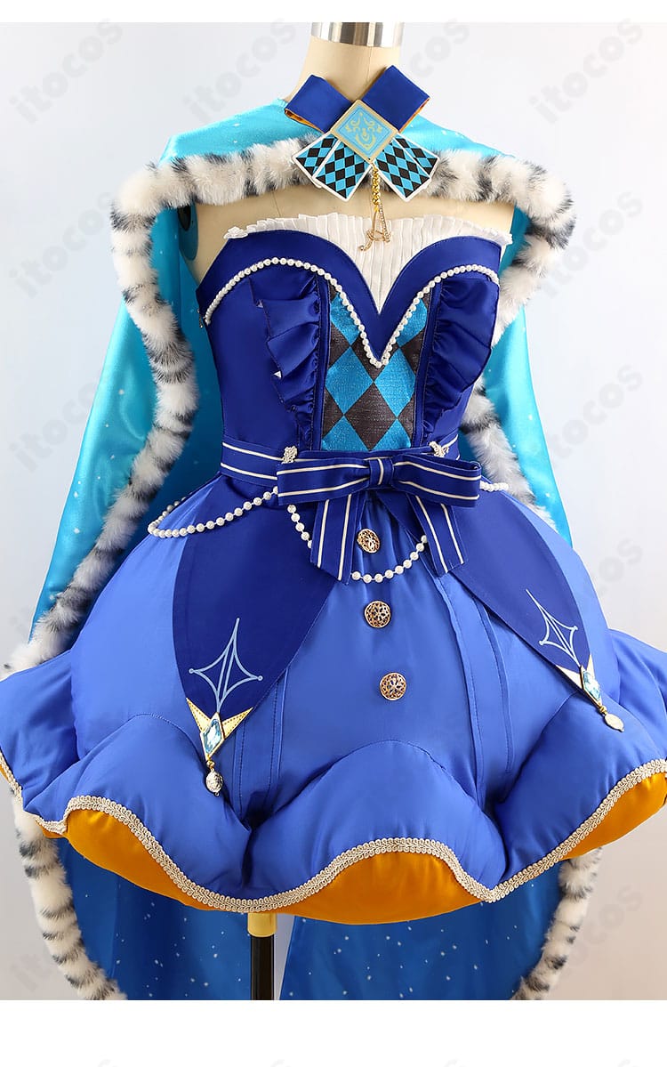 鳳えむ クイーン・オブ・ダイヤ 衣装の襟元装飾アップ。ダイヤモチーフと金色パイピングのディテール