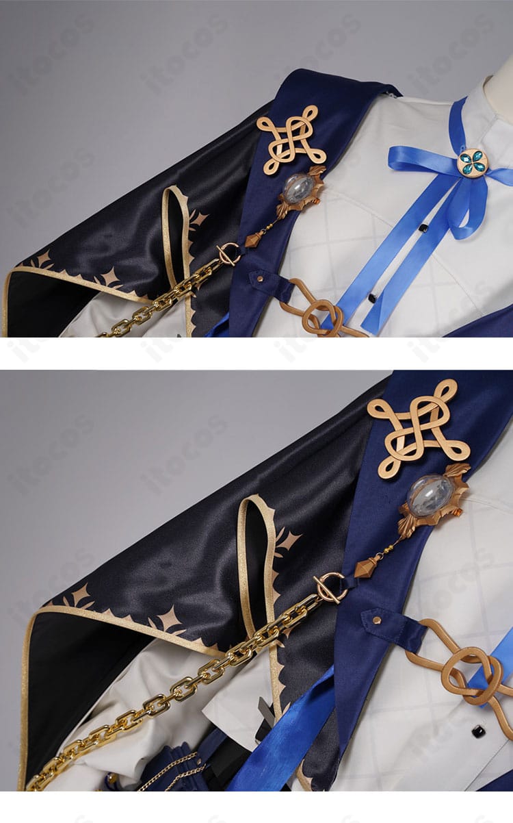 衣襟の意匠ディテール。縁取りと装飾の重なりが上品な印象を演出。