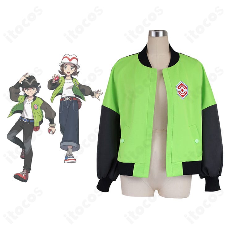 ポケットモンスター レジェンズ Z-A 主人公のコスプレ衣装（コート・帽子）全体とキャラクターイメージの融合図。都市的デザインの要点が一目で分かる説明画像。