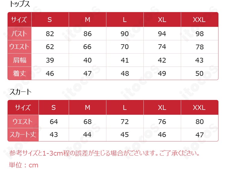 サイズ表と寸法ガイドの表示。S〜XXLまでの各部位の測り方と目安を示す画像