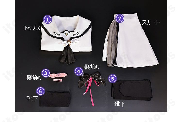 セット内容一式の平置き。トップス・スカート・髪飾り・靴下が揃った構成写真