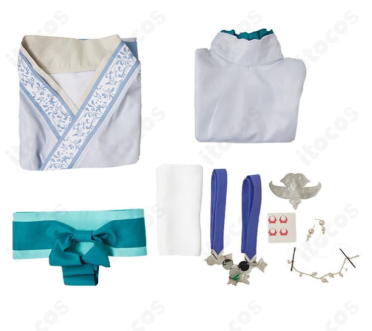 壬氏（月精）コスプレ衣装のセット内容一式。ワンピース、スカート、ショール、ベルト、髪飾り、耳飾りの展示