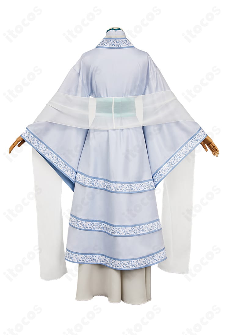 薬屋のひとりごと 壬氏（月精）コスプレ衣装の背面。背中の開きと裾のドレープを捉えた画像