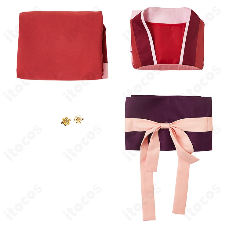 猫猫コスプレ衣装4点セット内容。トップス、スカート、コルセットベルト、髪飾りを並べた構成。