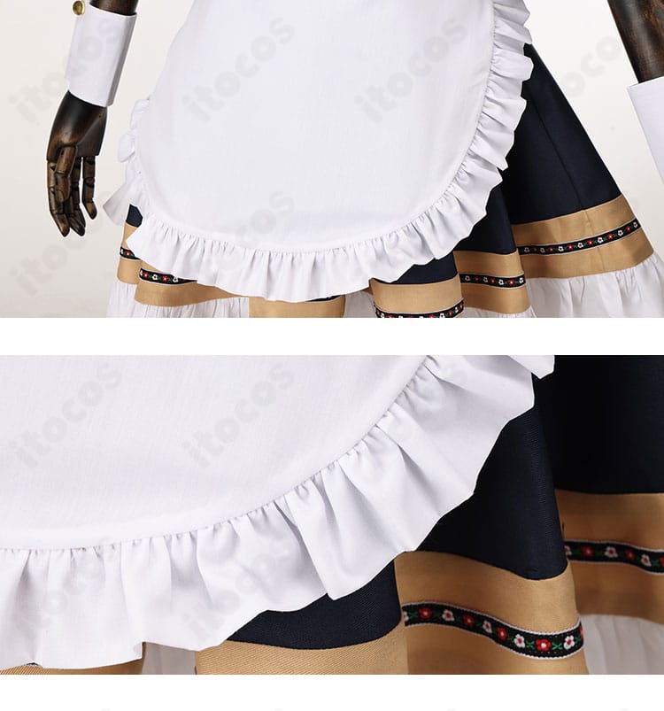 牛牧ジュリ アルバイト衣装 エプロン装飾のクローズアップ。縁取りとステッチが繊細。