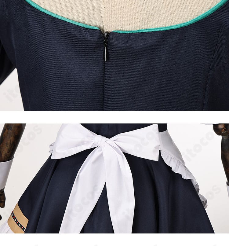 牛牧ジュリ アルバイト衣装 背面ディテール。エプロンの帯とスカートのドレープを確認できるカット。