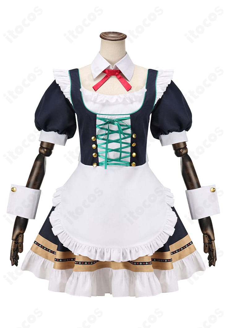 牛牧ジュリ アルバイト衣装 正面全身。ワンピースとエプロン、つけ襟とリボンの比率が忠実に表現。