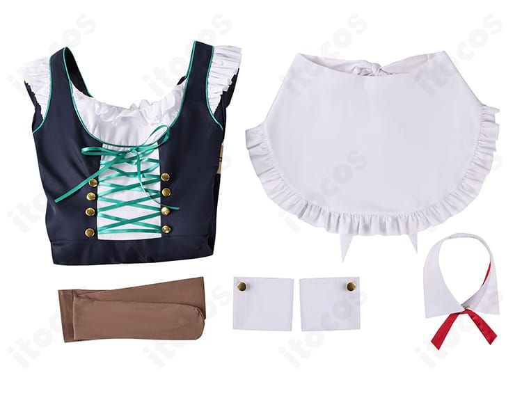 牛牧ジュリ アルバイト衣装 セット内容5点。ワンピース、エプロン、タイツ、手首飾り、つけ襟の内訳。