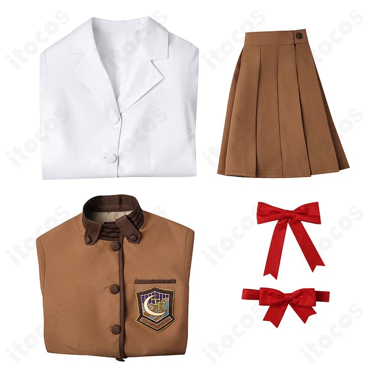 間桐桜 制服コスプレのセット内容一式。コート・上着・スカート・リボン・髪飾りが揃う。
