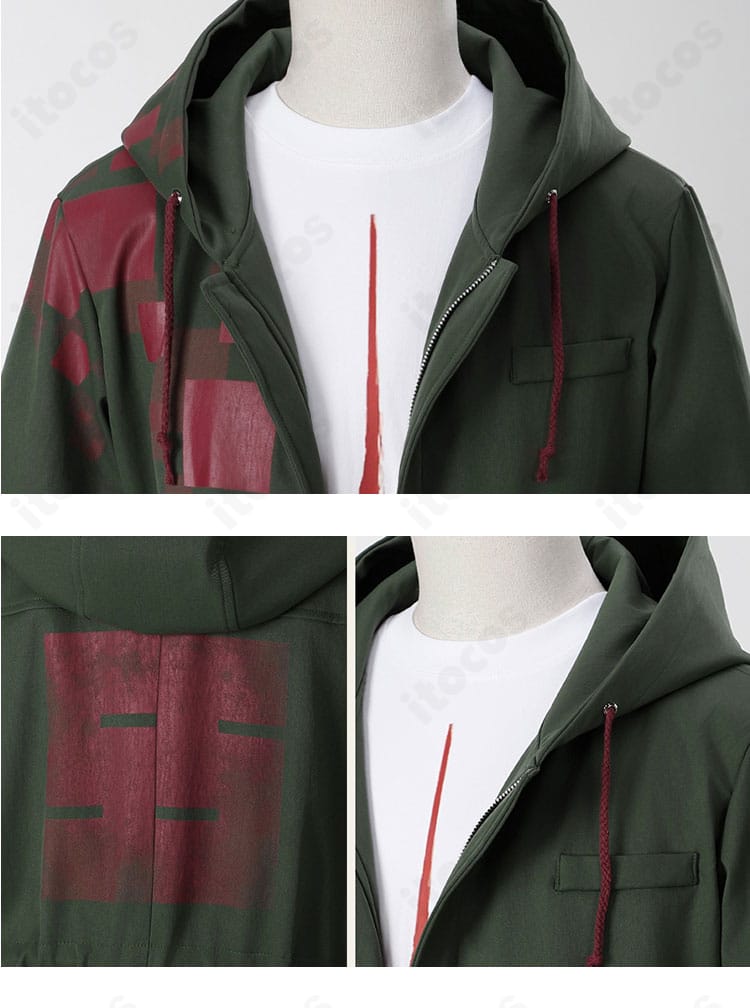 狛枝凪斗 コスプレ衣装 襟元と背面装飾のクローズアップ。刺繍やプリントの細部と丁寧なステッチを強調