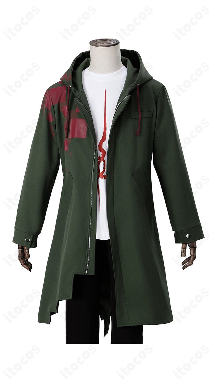 狛枝凪斗 コスプレ衣装 正面全体。グリーンコートと白Tシャツ、黒パンツ、チェーンの配置を詳細に確認