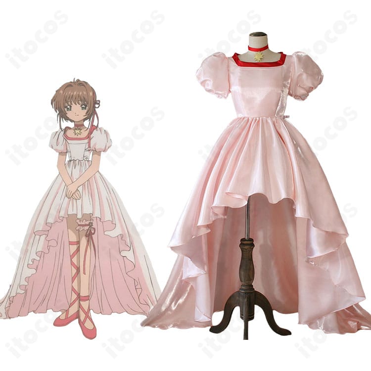 劇場版カードキャプターさくら 木之本桜 なでしこ祭の劇衣装を着用したモデルの全身再現写真。配色とシルエットが忠実に表現されています。