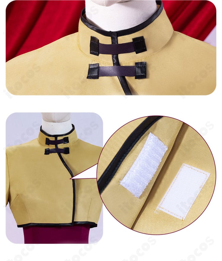 C.C. 私服コスプレ衣装の襟元と斜め襟の近接写真。洗練されたラインと縫製の仕上がり。