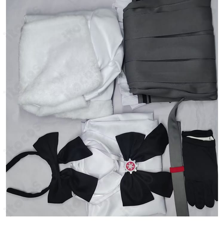 三善タカネ コスプレ衣装のセット一式。コート、ワンピース、スカーフ、シャツ、手袋、カチューシャの内容確認用レイアウト。