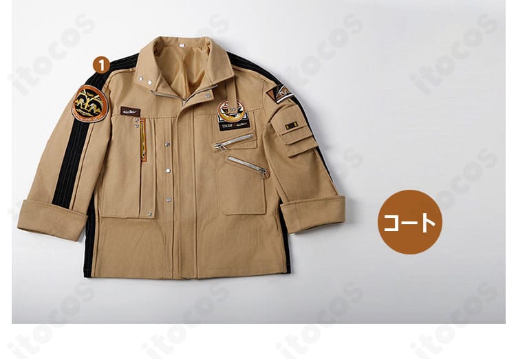 マヒル コスプレ衣装のセット内容一覧。コートと肩ベルトのフルセット構成が一目で分かる画像。