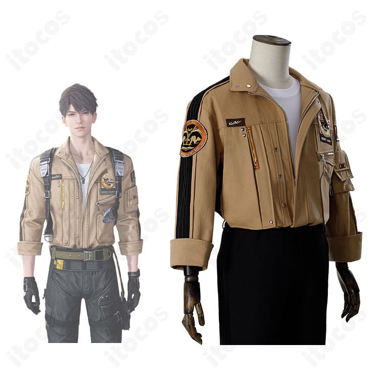 恋と深空 マヒル 衣装「飛ぶ鳥の帰る日・エンドレスサマー・超音速」再現コラボ風ビジュアル。コートと肩ベルトの全体感がわかる一枚。