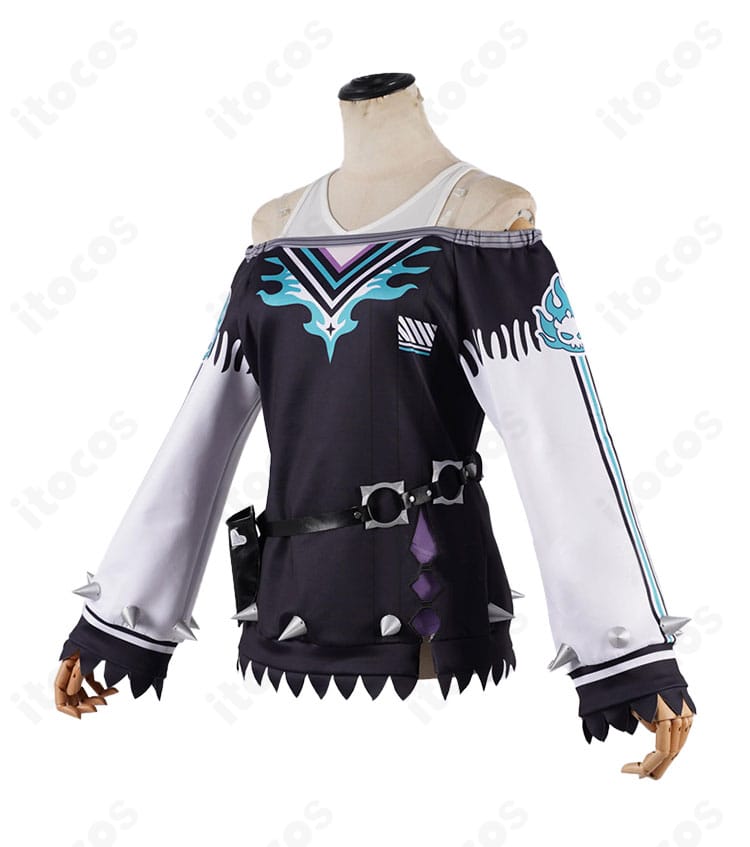 ホロライブ 輪堂千速コスプレ衣装の側面。肩から腰飾りまでの立体ラインと装飾位置が確認できるアングル。