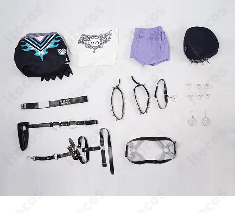 ホロライブ 輪堂千速コスプレ衣装のセット一覧。トップス、インナー、パンツ、帽子、アクセサリー類の同梱内容。