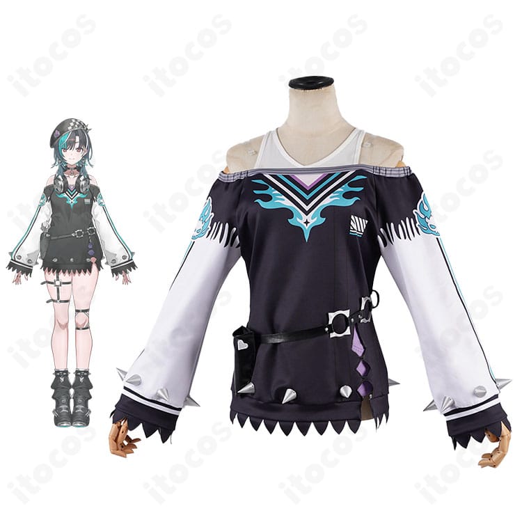 ホロライブ 輪堂千速のコスプレ衣装とキャラクターの並び。配色と装飾を丁寧に再現したフルセットの着用イメージ。