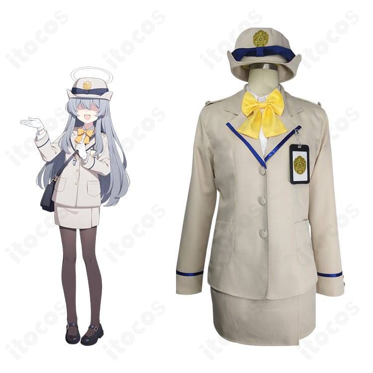ブルーアーカイブ ハイランダー鉄道学園の列車乗務員制服コスプレ一式とキャラクターイメージの融合画像。高再現の色味と小物構成が分かる。
