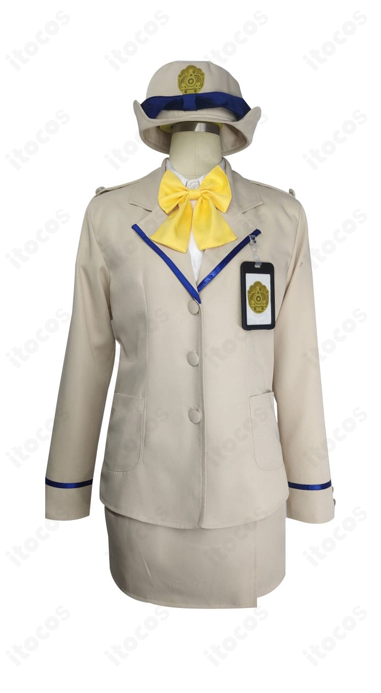 ブルーアーカイブ 列車乗務員コスプレの正面全体。コートのライン、スカーフ結び、名札位置などディテールを強調。