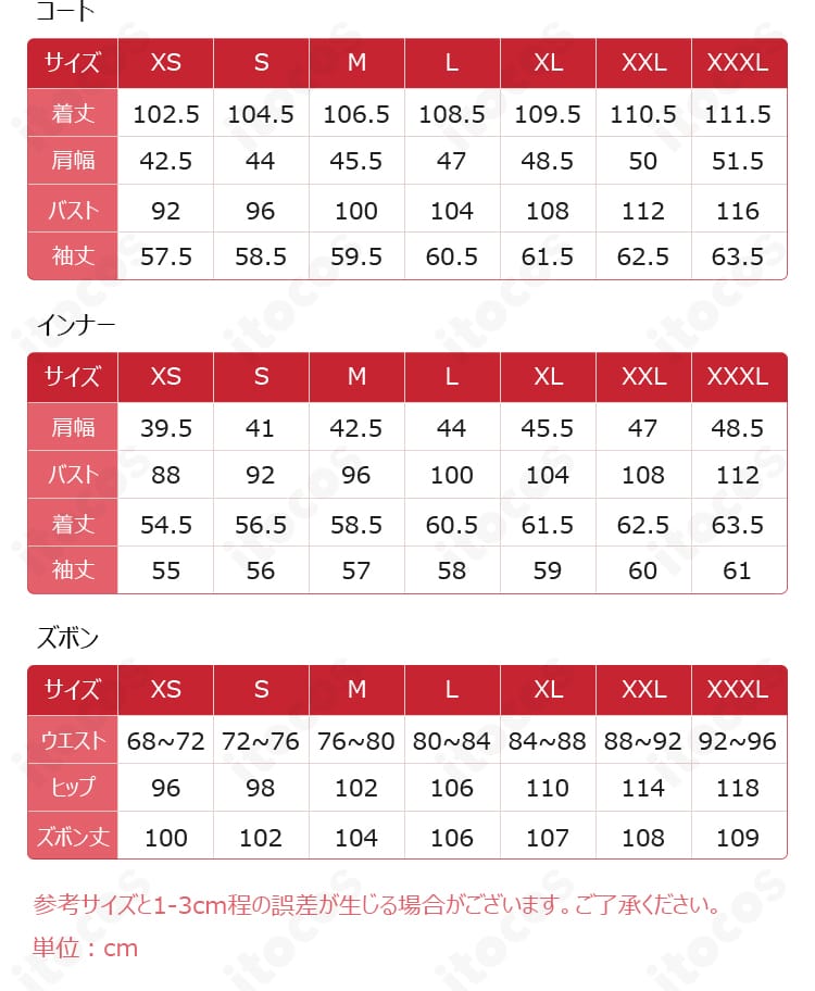 セノ コスプレ衣装のサイズ表画像。S〜XXLの寸法対応を確認できる一覧。