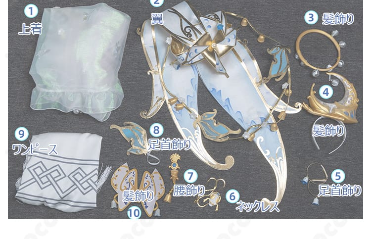 第五人格 気象学者 風を采る仙霊のセット内容一覧。ワンピース・上着・翼・髪飾り・足首飾り・ネックレス・腰飾りを確認