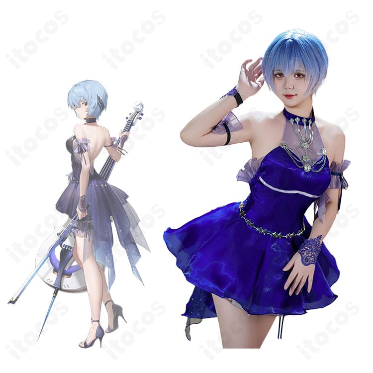 綾波レイ（エヴァンゲリオン コラボ／NIKKE）コスプレ衣装一式とキャラクターイメージの組み合わせ写真。装飾まで高再現の仕様。
