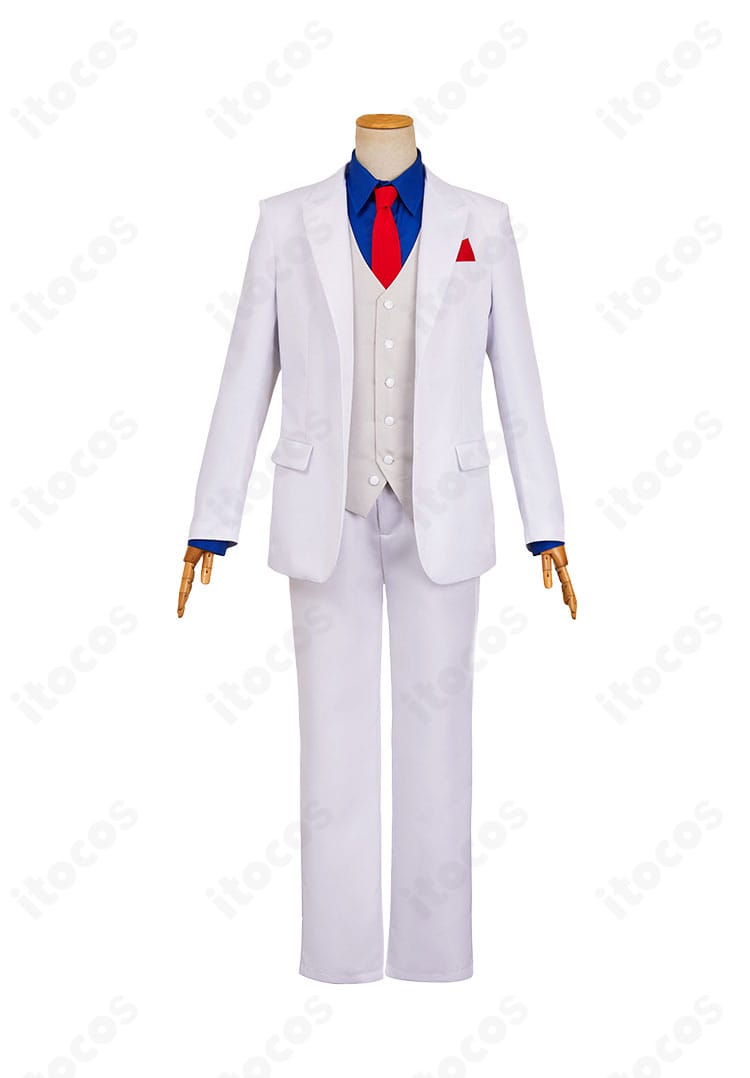 風祭京一郎 コスプレ衣装の正面全身。ジャケットとベストの端正なライン、ネクタイとチーフの配置が分かる