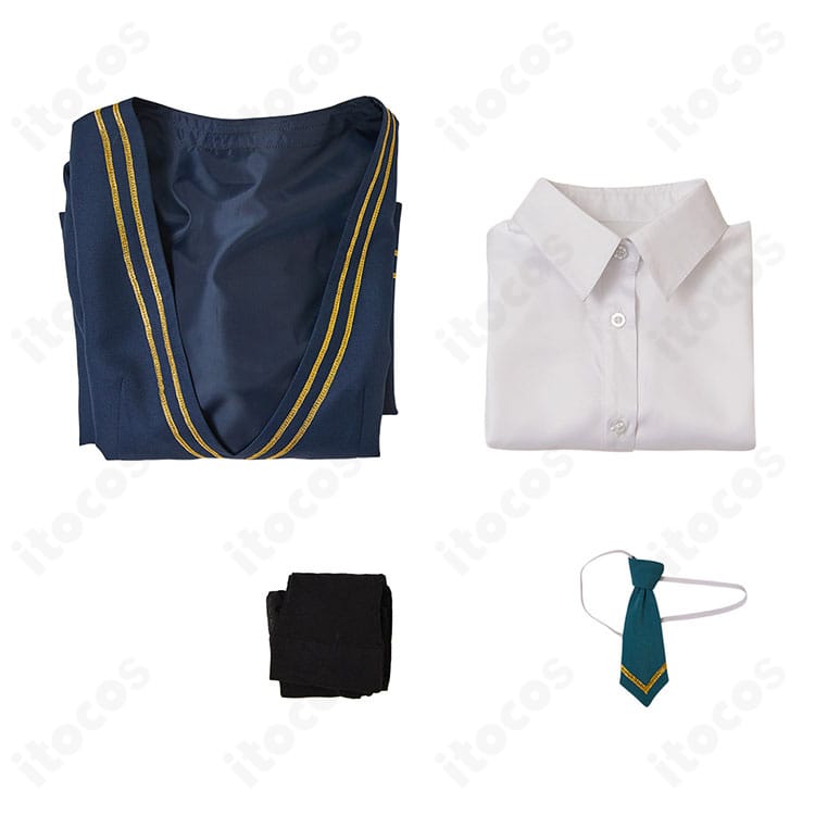 宮尾音夢 コスプレ衣装4点セット内容一式。ワンピース、シャツ、ネクタイ、タイツのレイアウト