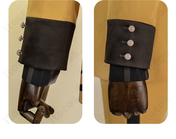 袖口装飾の接写。カフの意匠と金具パーツの質感が際立つ写真