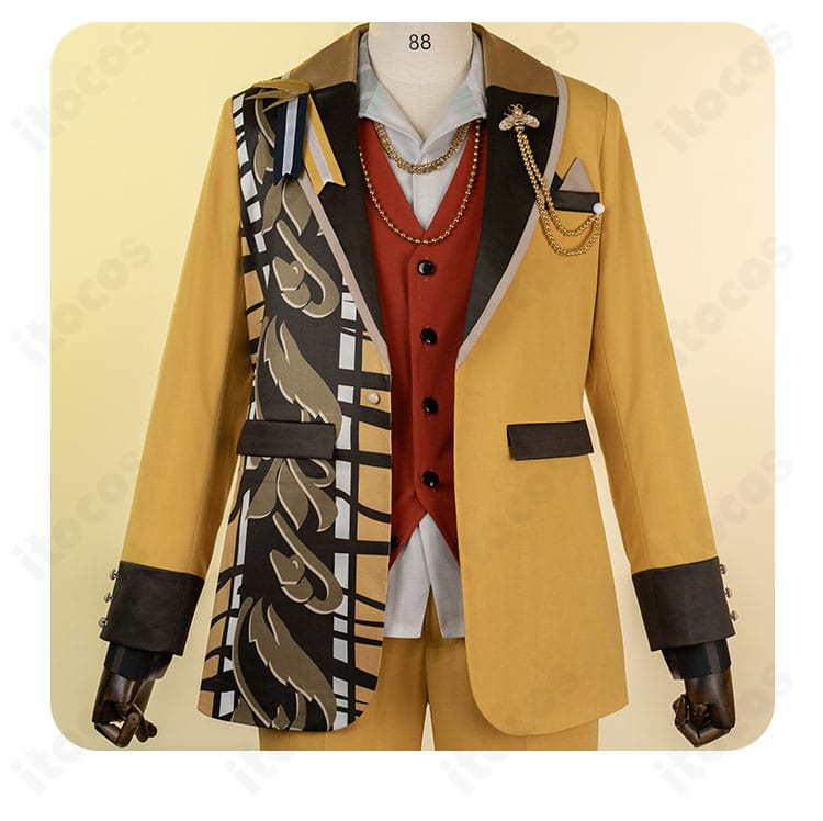 上衣（コート）装飾の接写。サドンデス衣装特有の刺繍風モチーフと装飾トリム