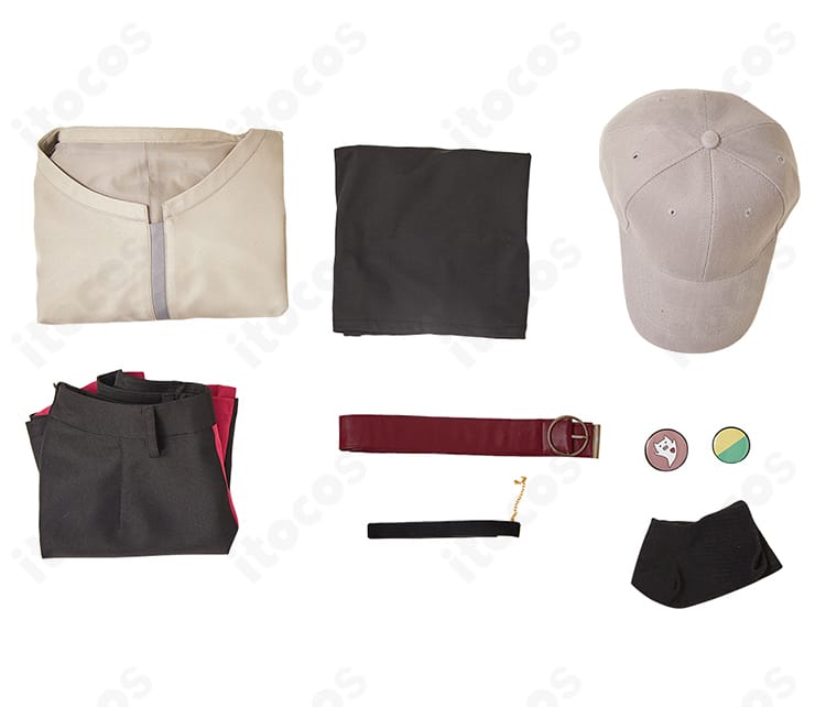 セット内容一覧。コート、スカート、帽子、インナー、ベルト、靴下、チョーカーが整然と並ぶ構成。