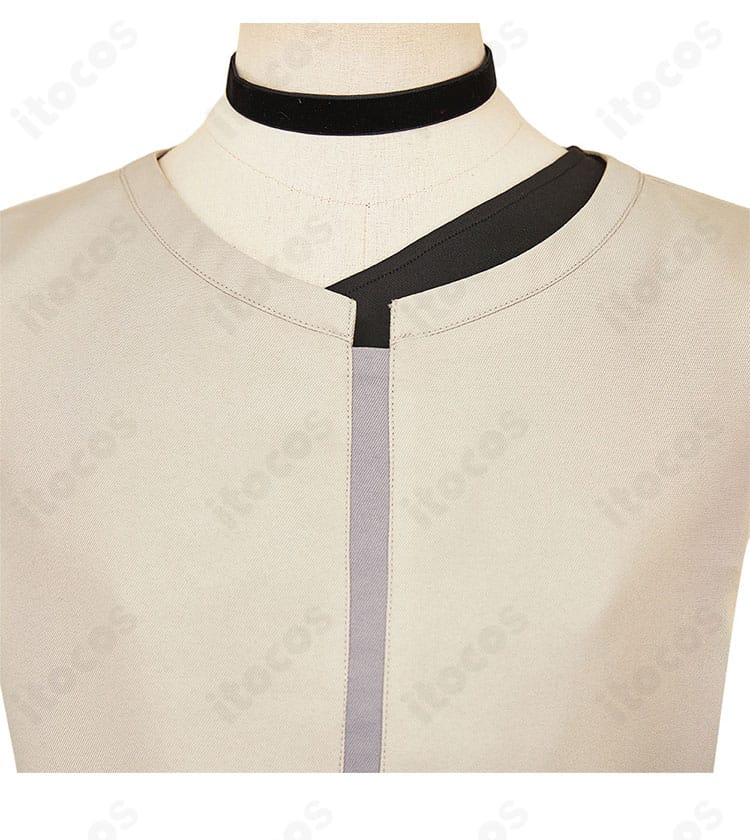 襟元ディテール。エレイナの意匠を踏襲した襟の形状と装飾ステッチの近接画像。