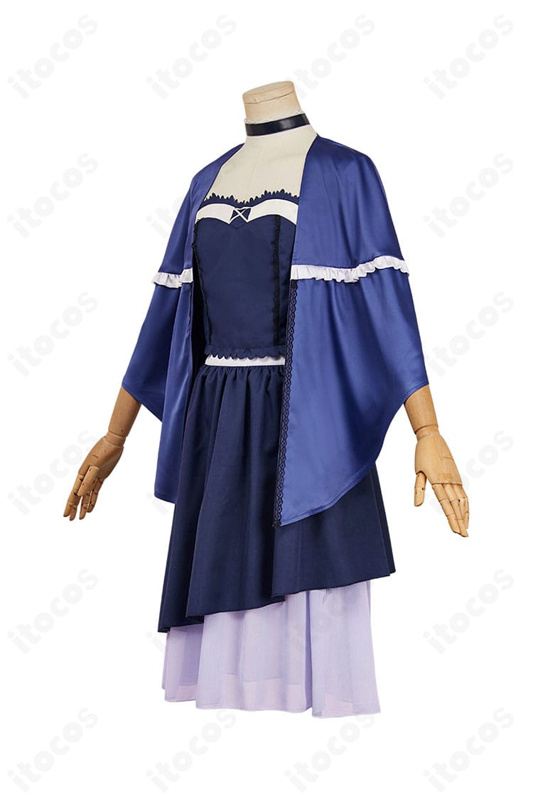 久島鴎 コスプレ衣装の右側面。スカートのラインとショールの落ち感、サイドシルエットを確認