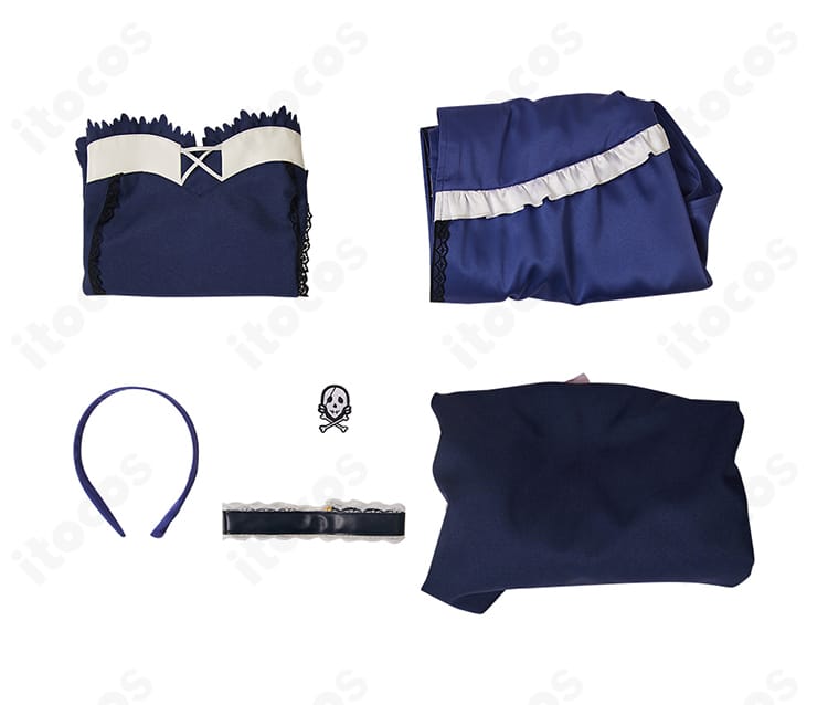 セット内容一覧。スカート、トップス、ショール、カチューシャ、髪飾り、チョーカーの6点を並べて撮影